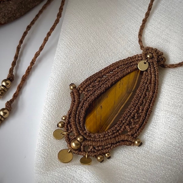 Pendant Macrame Brown Tiger eye Necklace Handmade Boho chic Jewelry for her Bohemian Statement Gemstone Choker Hippie style brass Jewellery