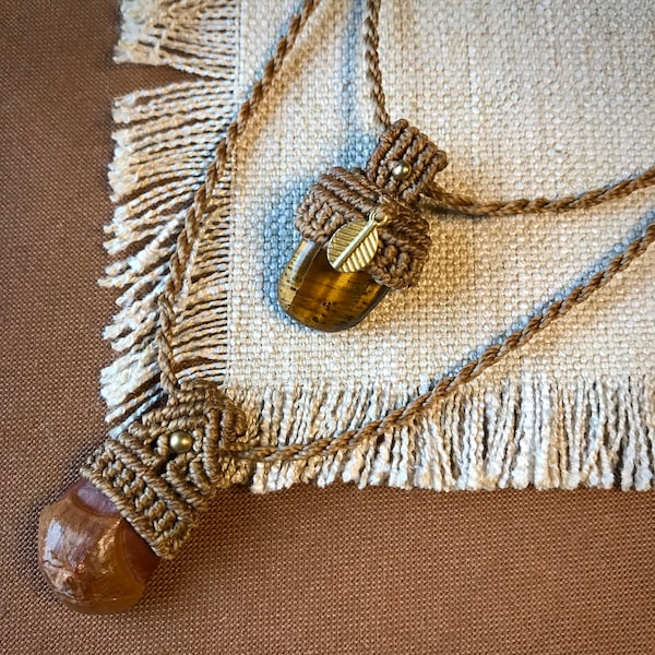 Pine cone Petal and Tiger eye Macrame Necklace, two strand Pendant with stone, brown Necklace for Nature Lovers, Simple light Necklace