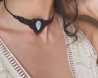 Choker Macrame with White Labradorite Brown Necklace with stone Ethnic Bohemian style Jewelry gift for her