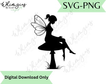 May include: Black silhouette of a fairy sitting on a mushroom, with detailed wings. The image includes the text "SVG-PNG" and "Digital Download Only". The design is from "Whimzies by Krista".