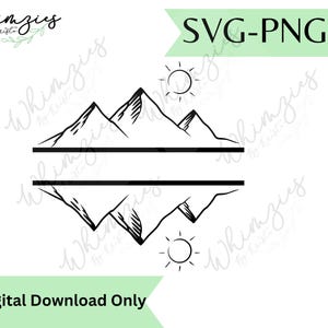 May include: Black and white mountain range graphic with a sun on each side. The text "SVG-PNG" is in a green banner at the top, and "Digital Download Only" is in a green banner at the bottom. The Whimzies by Krista logo is in the top left and repeated throughout.