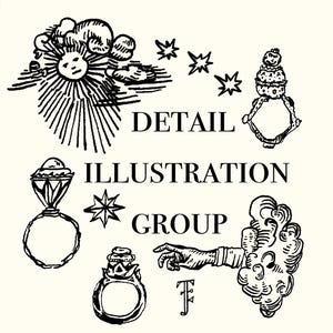 May include: Black and white illustration group featuring a sun with a face, stars, and ornate ring designs. The text reads "DETAIL ILLUSTRATION GROUP". The style is reminiscent of vintage engravings.