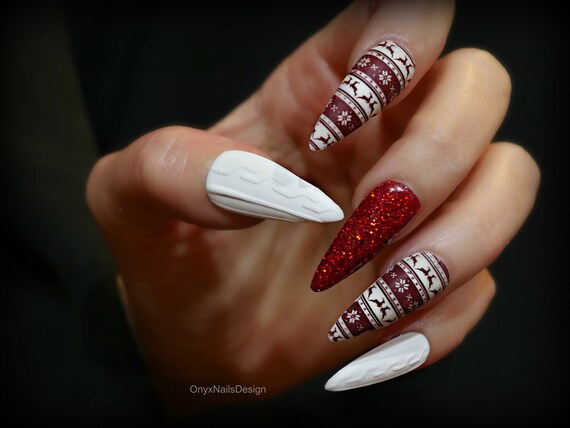 Sweater Nails Winter Nails Christmas Nails Red And White Etsy