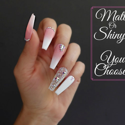Pink And White Press On Nail Art Ombre Nails With Crystals Etsy