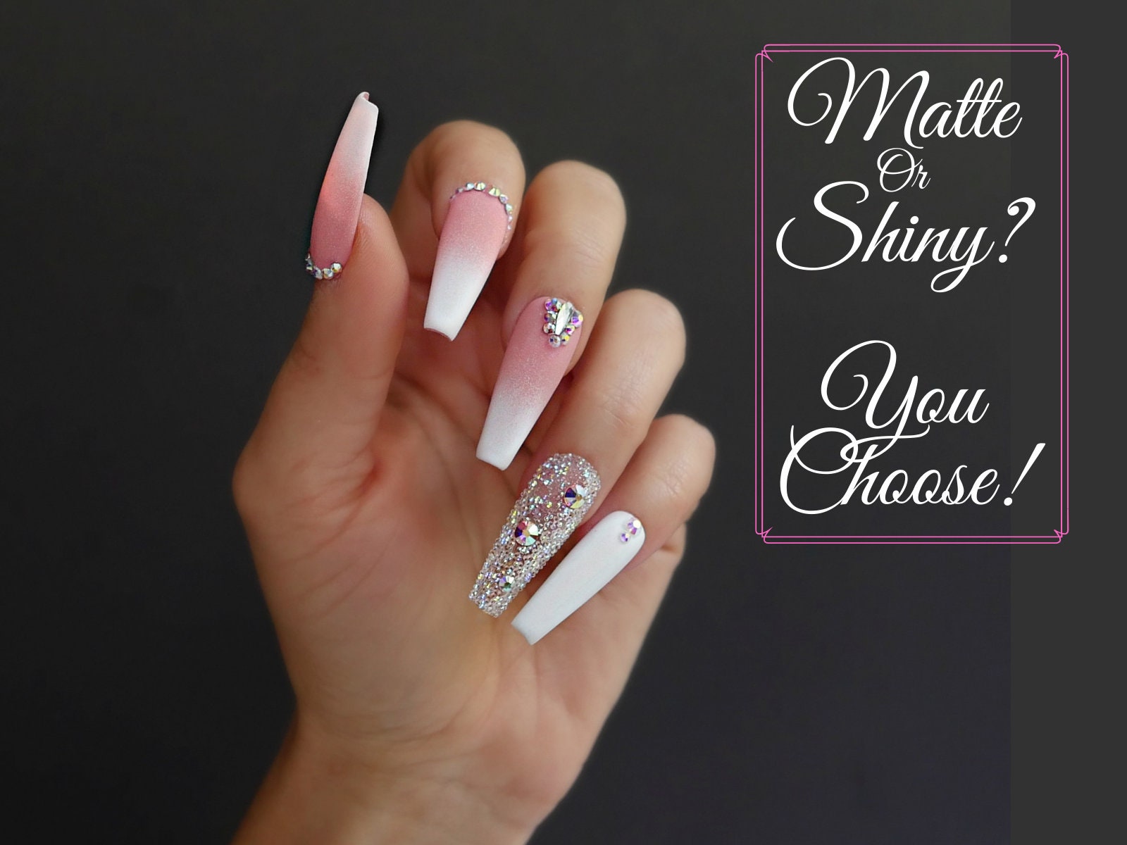 Pink And White Press On Nail Art Ombre Nails With Crystals Etsy