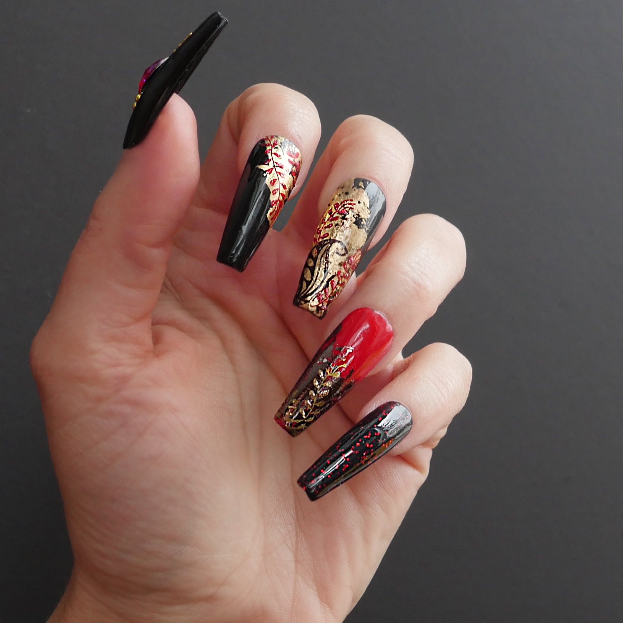 Red Black Gold Oriental Press On Nail Art Coffin Ballerina Etsy