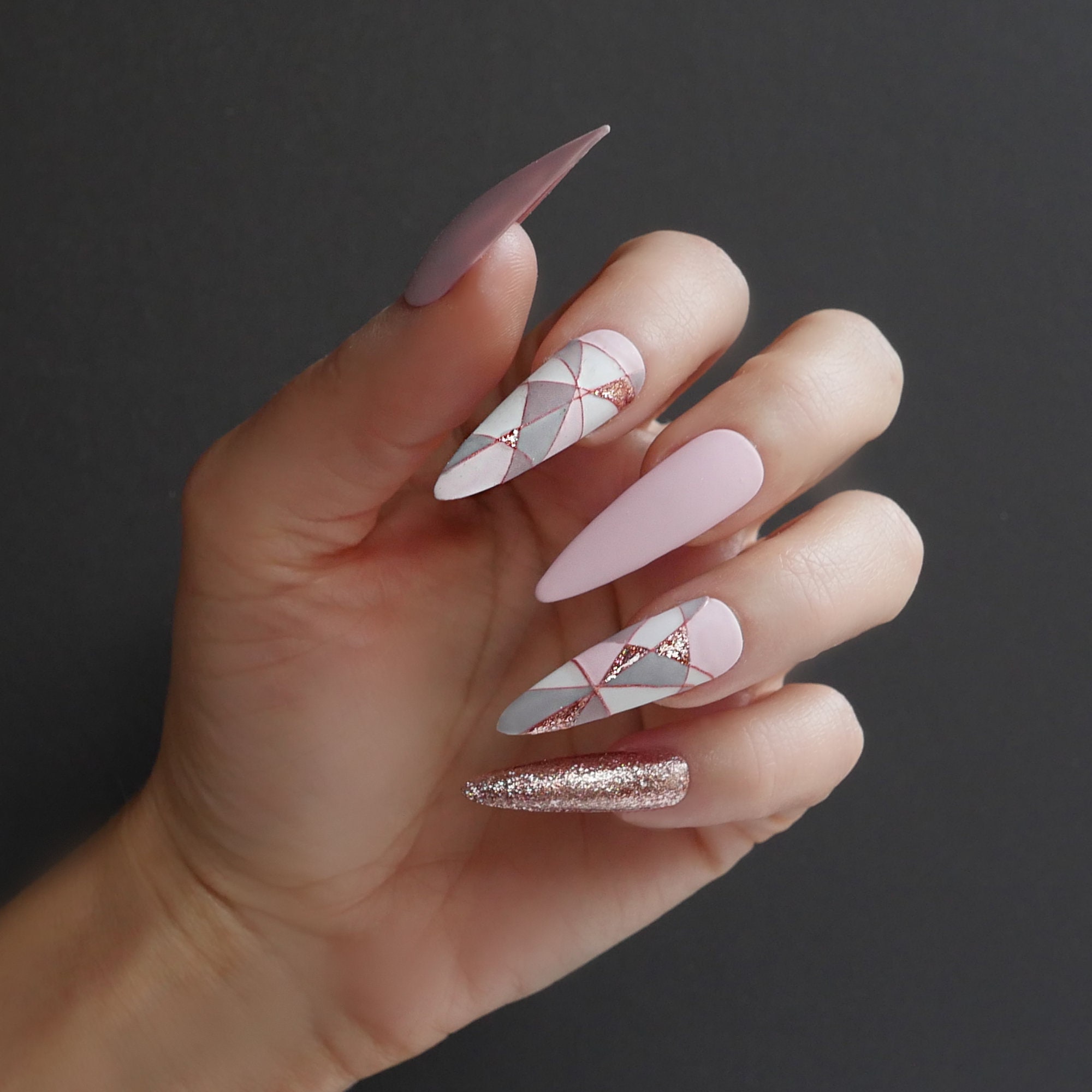 Press-on Nails Pink Grey Toupe Abstract Line Nail Art Luxe - Etsy