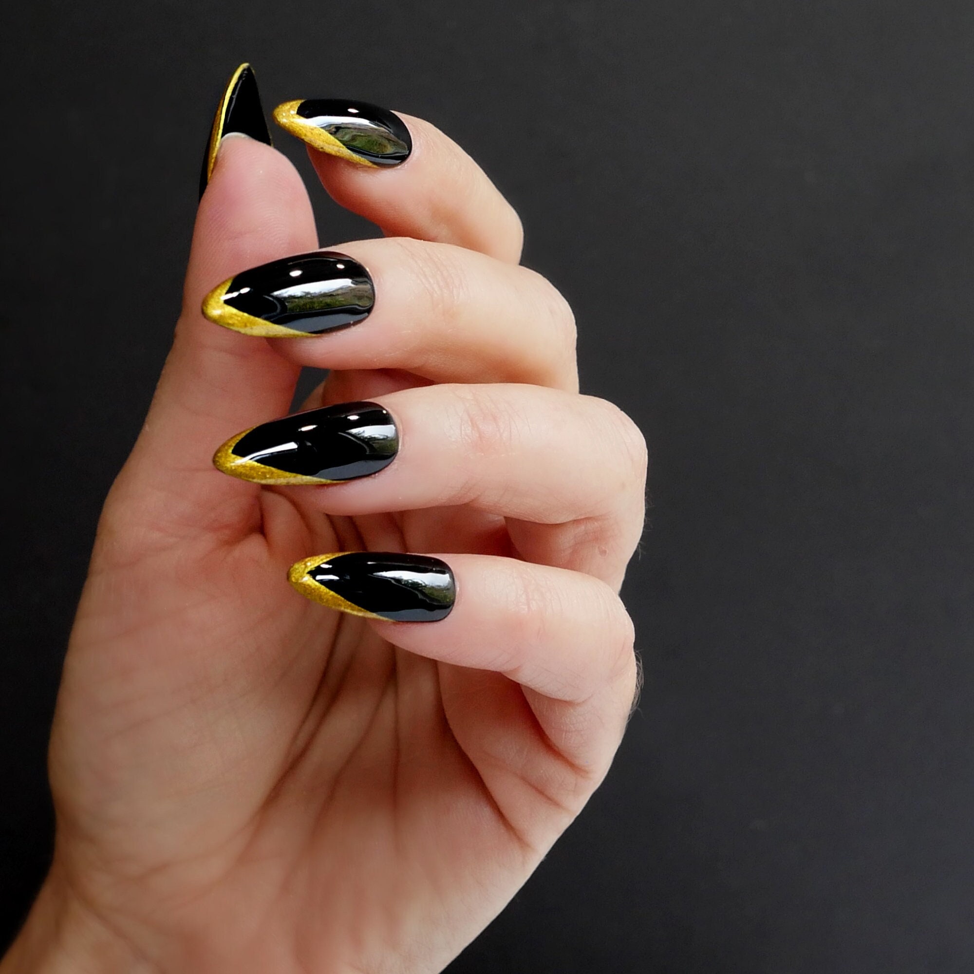 Reusable Hand Painted Press on Nails, Black and Gold Foil Stick on