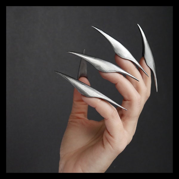 Costume press-on nails, Silver spike claw, reusable fashion costume nails, gothic halloween accessory, long unique nail art, modern future