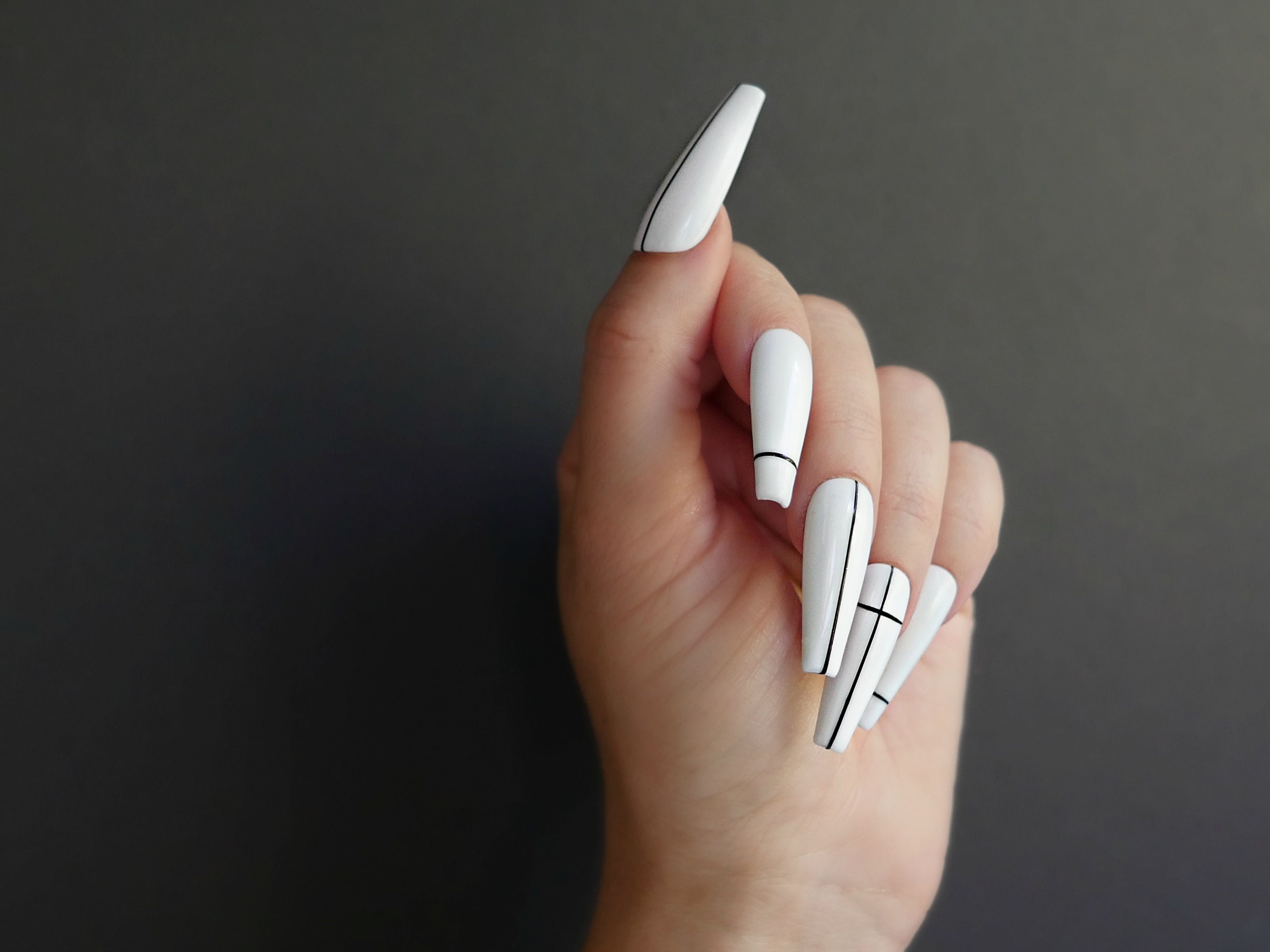 White Press on Nails Black Lines Luxury Set of 10 Any Shape | Etsy