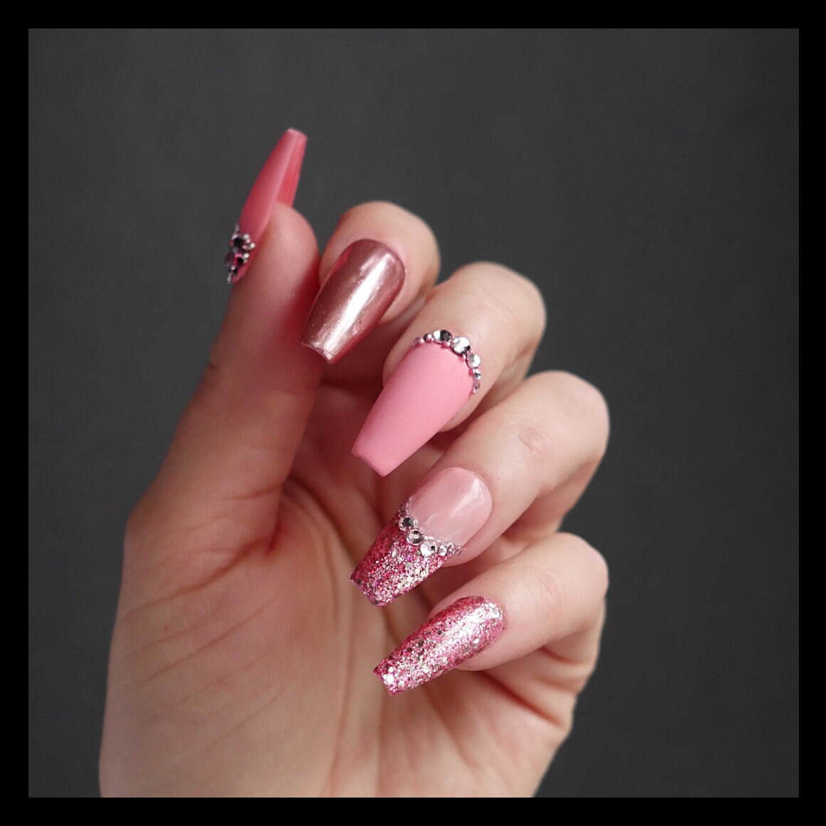 Pink Valentines Press On Nails Glitter Chrome Rhinestones Etsy