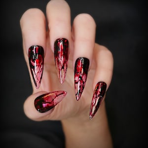 Halloween nails, Costume Accessory, Red and Black Dracula Press-On Nails, stick on nails, Long Stiletto Reusable Nail Art, Gift For Her
