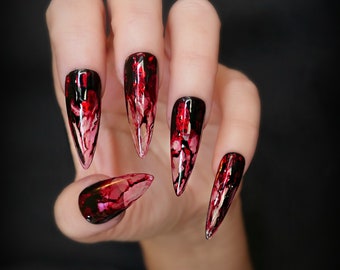 Halloween nails, Costume Accessory, Red and Black Dracula Press-On Nails, stick on nails, Long Stiletto Reusable Nail Art, Gift For Her