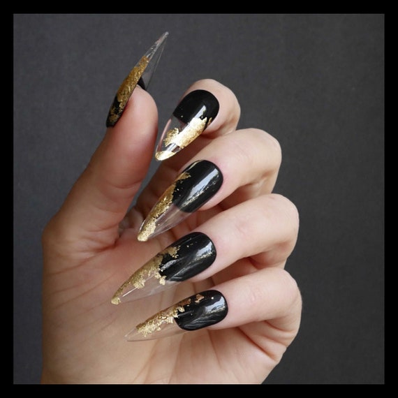 Clearance / Black Gold & Pearl / Size S-M / Press on Nails / 