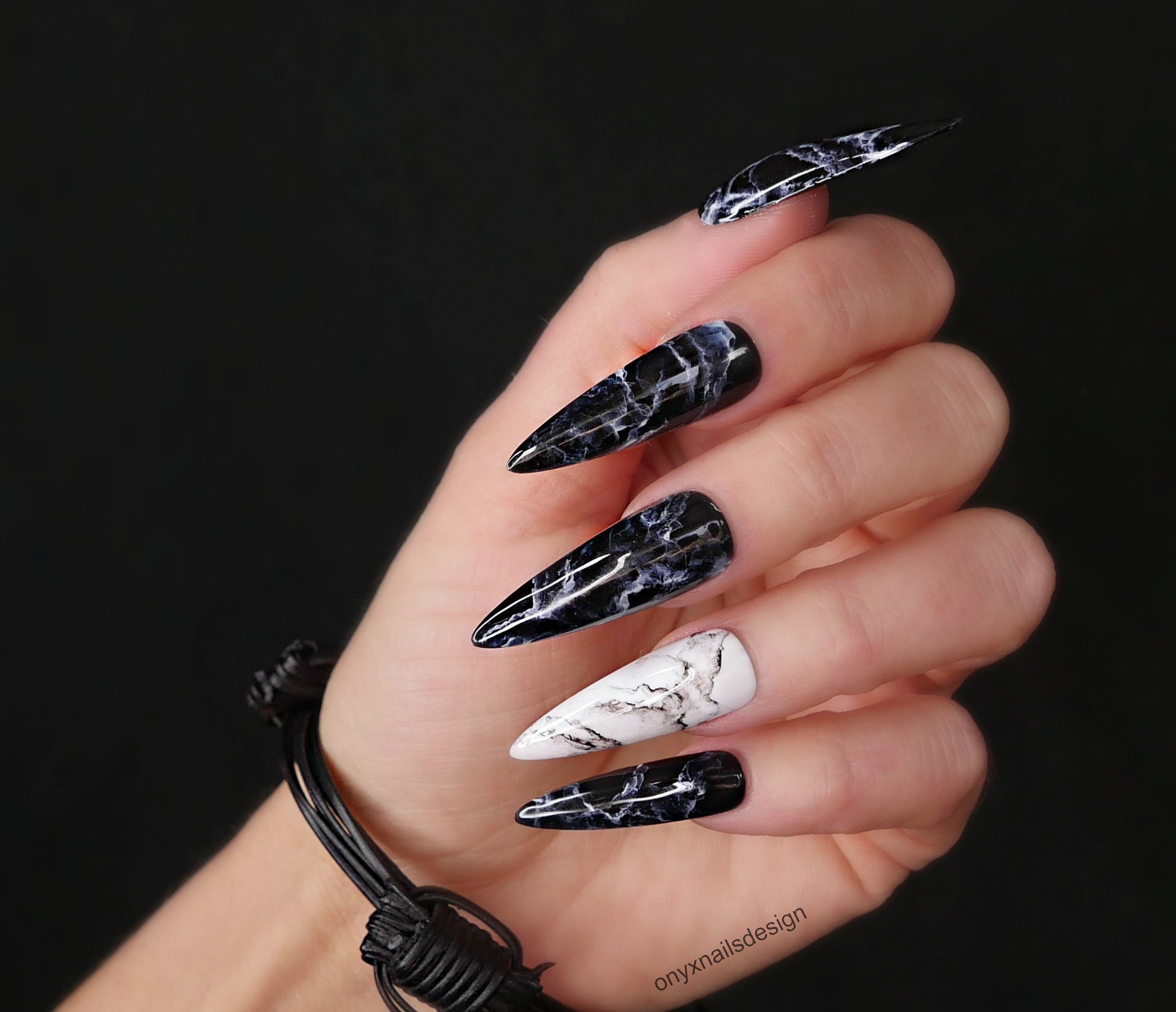 Long White Marble Coffin Nails – She's A Beat Beauty