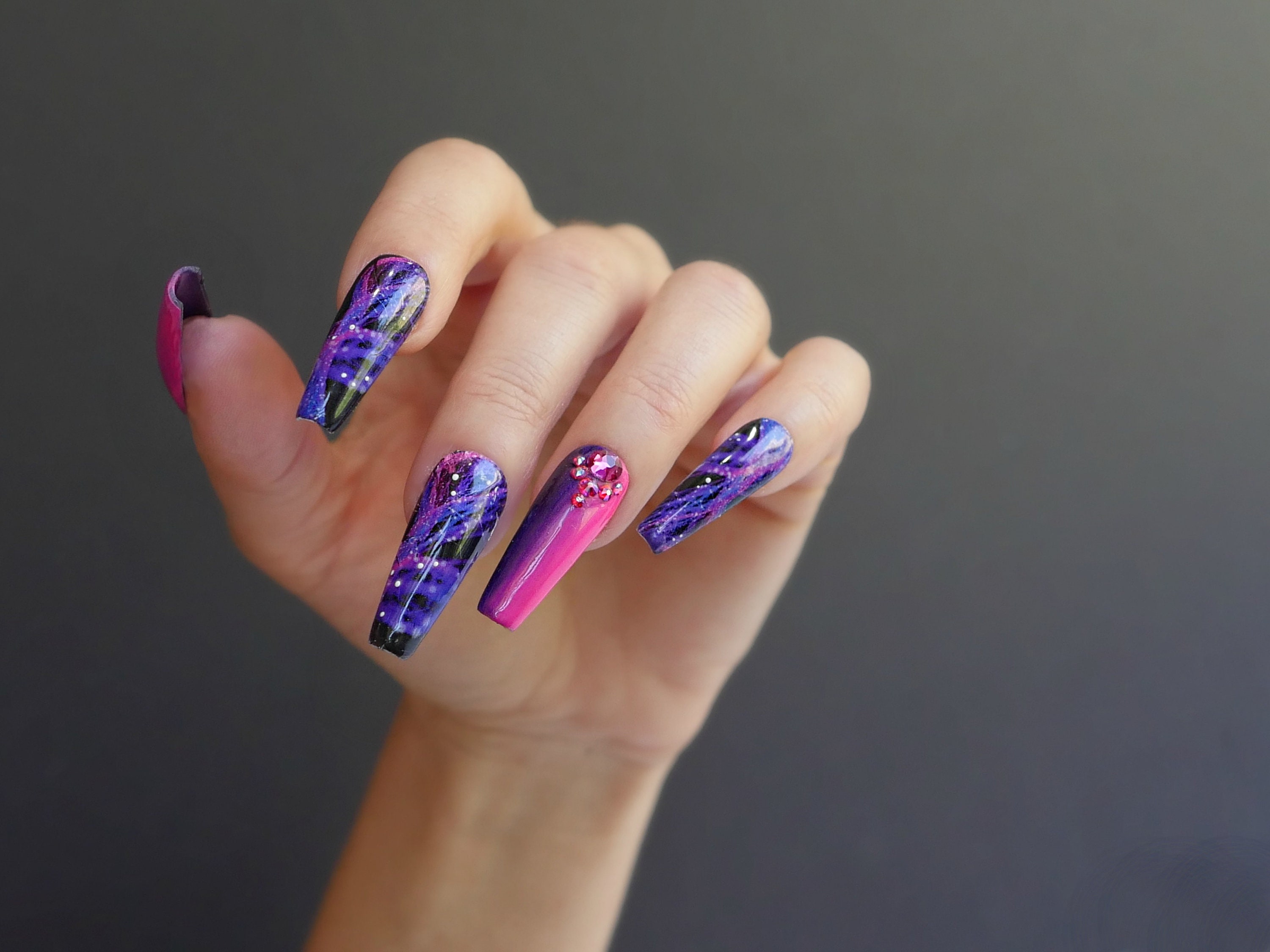 Purple And Pink Ombre Nails Space Abstract Art Swarovski Etsy Israel