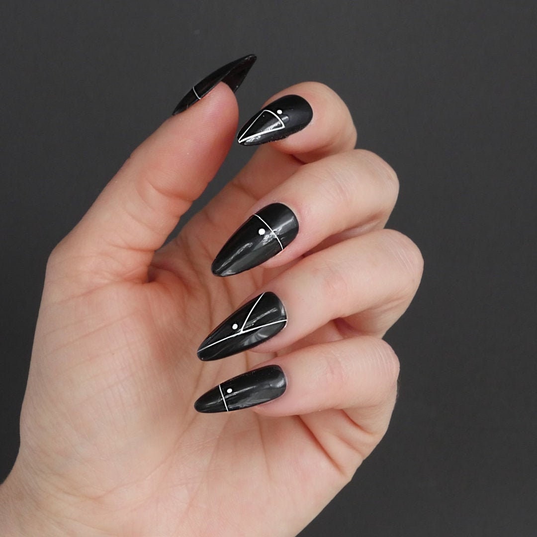 Black Press on Nails White Line Art Reusable Stick on Nail - Etsy
