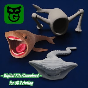 May include: A collection of 3D-printed monster models in various forms. One is a brown, open-mouthed creature with a red tongue. Another is a gray, four-legged figure with a large opening. The third is a gray, manta ray-like monster. Text: Digital File/Download for 3D Printing.