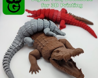 May include: Three articulated crocodile models in red, grey, and brown are displayed. The brown crocodile has an open mouth. The image includes the text "- Digital File/Download - for 3D Printing" and a green logo.