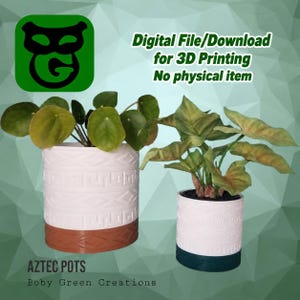 May include: Two cylindrical plant pots with white upper sections featuring embossed geometric patterns and solid-colored bases. The left pot has a brown base, the right has a dark green base. Text reads: Digital File/Download for 3D Printing.