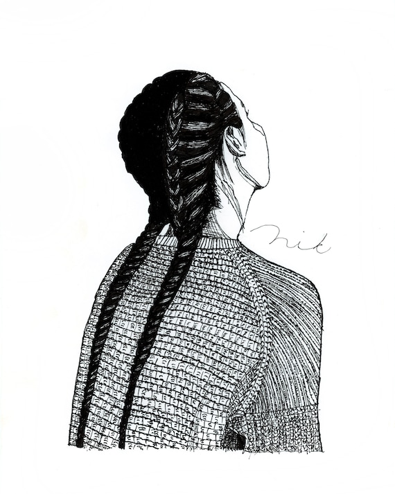 Art Print Black And White Art Drawing Of Girl Drawing Of Woman Braids Drawing Line Art Ink Drawing Home Decor Holiday Gift