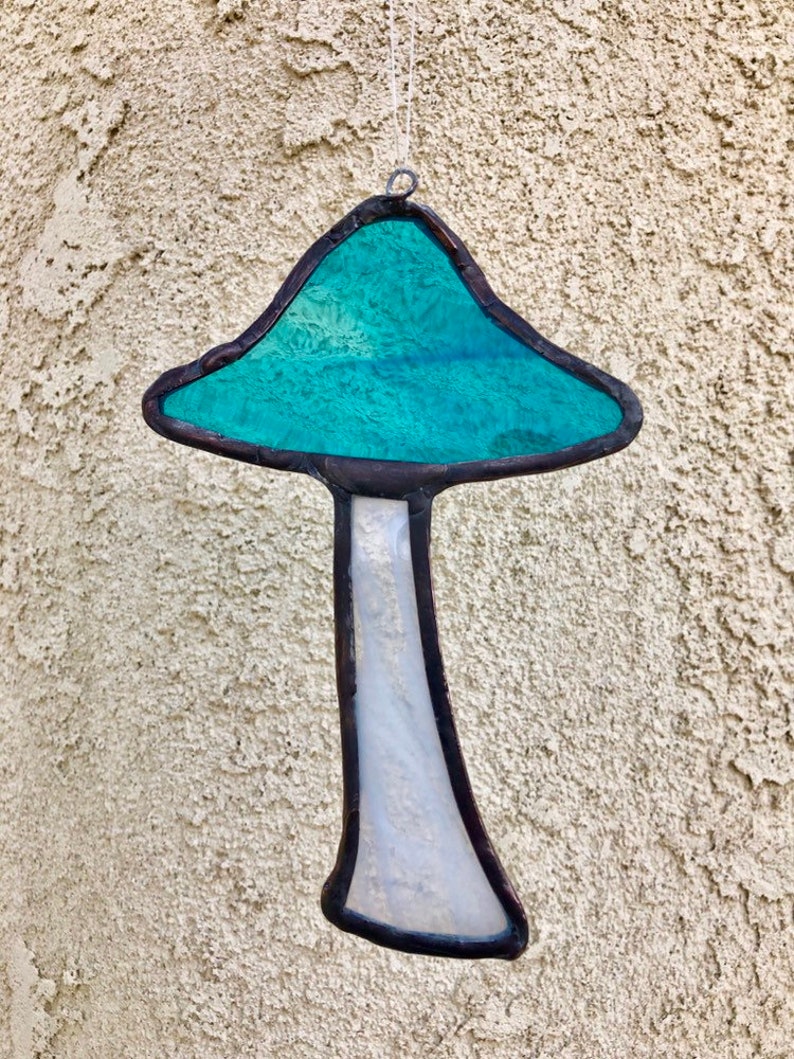 Teal and White Mushroom Suncatcher