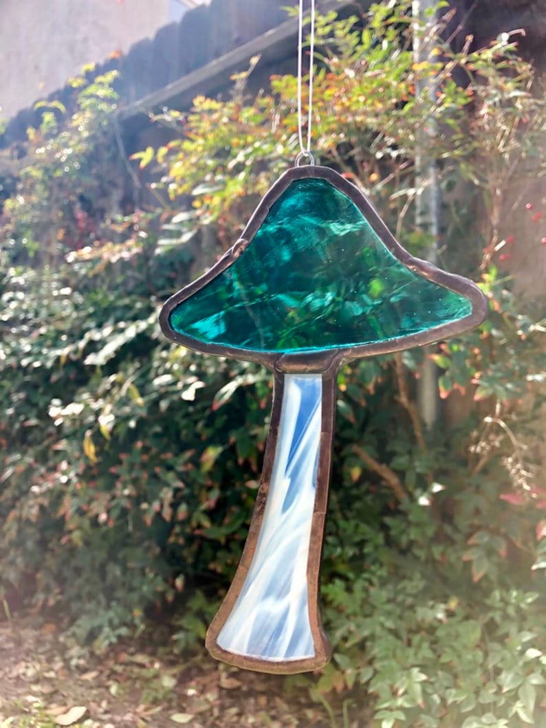 Teal and White Mushroom Suncatcher