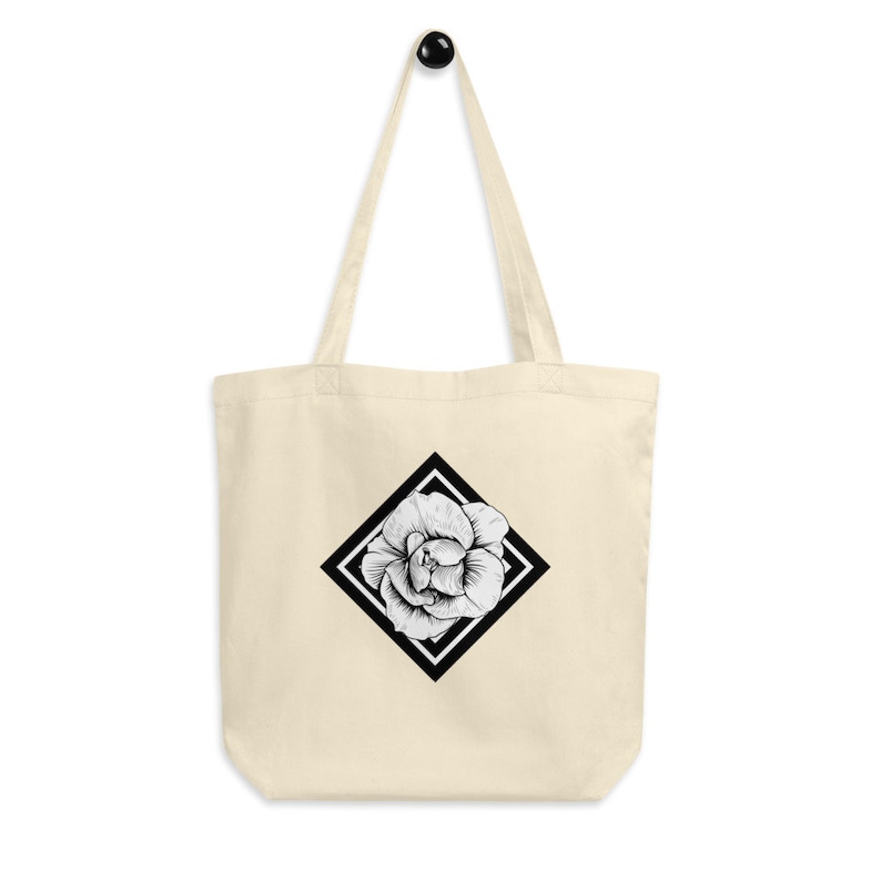 modern minimalist womens accessories White open rose flower in black stiped diamond shape printed on Eco Tote Bag