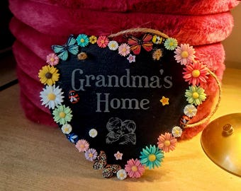 Personalised Heart Sign, Engraved Slate Heart with Floral Ladybug Decor and Personalised Photo Grandparent Gift
