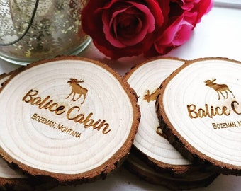 Engraved Wooden 8-9cm Log Slice Coaster for Wedding Table Decorations Personalised Name or Table Number Perfect for a Rustic Wedding!