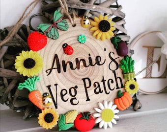 Personalised Engraved Wooden Garden Plaque with Veggie & Floral Embellishments