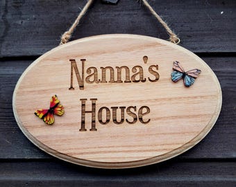 Personalised Nanna's House Engraved Wooden Sign with Butterfly Decor