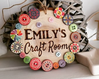 Personalised Room Name Logs Engraved Craft Room Plaque with Buttons Wooden Log Sign Hung with Twine Customised to your Words!