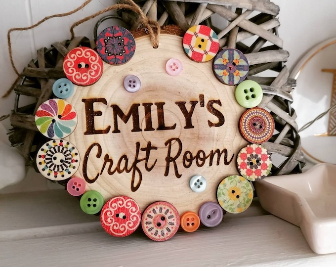Personalised Wooden Room Sign, Engraved Log Plaque with Buttons