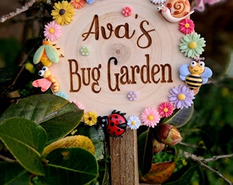 Personalised Wooden Garden Stake, Custom Engraved with Flowers and Bugs