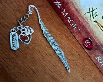 Law of Attraction Feather Bookmark: Silver Charms, Believe Token