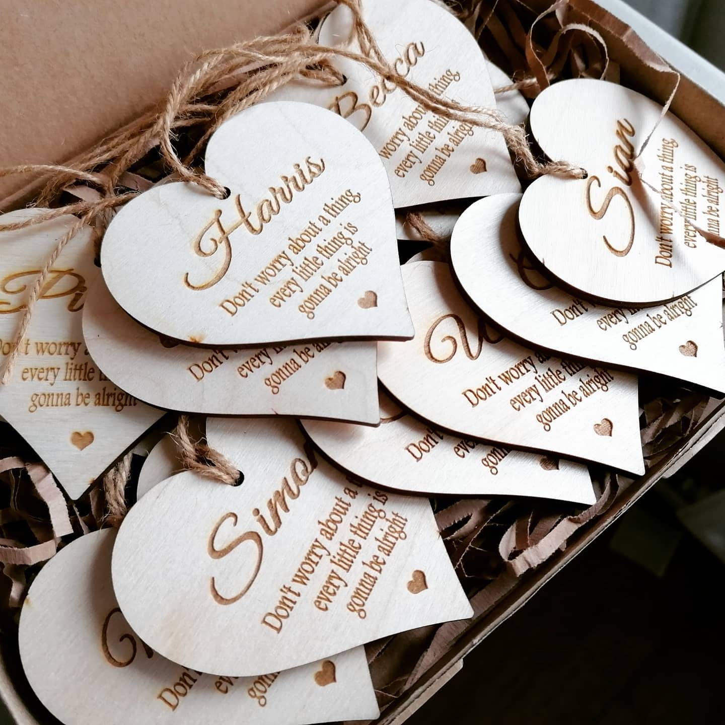 Personalised Engraved Birch Plywood 10cm, 8cm and 4cm Wooden Heart Keepsake Home Decor Hanging Decoration with Twine Included, Choose Words!