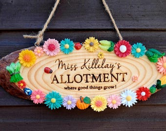 Personalised Allotment Sign, Floral Engraved Wooden Garden Shed Decor