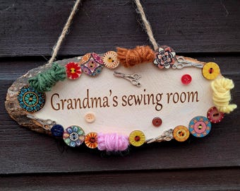 Personalised Sewing Room Wooden Log Sign, Grandma's Craft Decor