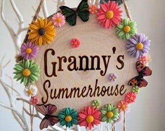 Personalised Engraved Wooden Garden Sign, Floral Ladybug Decor