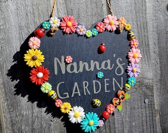 Personalised Garden Sign, Engraved Slate Heart with Floral Ladybug Decor