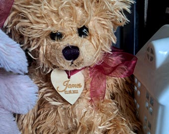 Personalised Wooden Teddy Bear Tag: Heart or Rectangle, Purple Ribbon