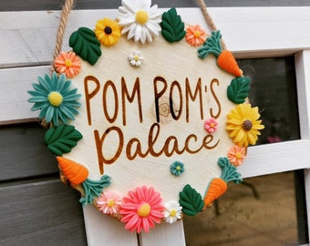 Personalised Rabbit Sign, Engraved Wood Plaque with Carrots & Flowers