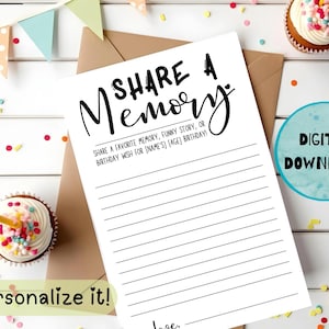 May include: A white paper with the words "Share a Memory" in black script, designed for birthday wishes. The paper is surrounded by cupcakes, confetti, and a banner. The words "Digital Download" and "Personalize it!" are also visible.