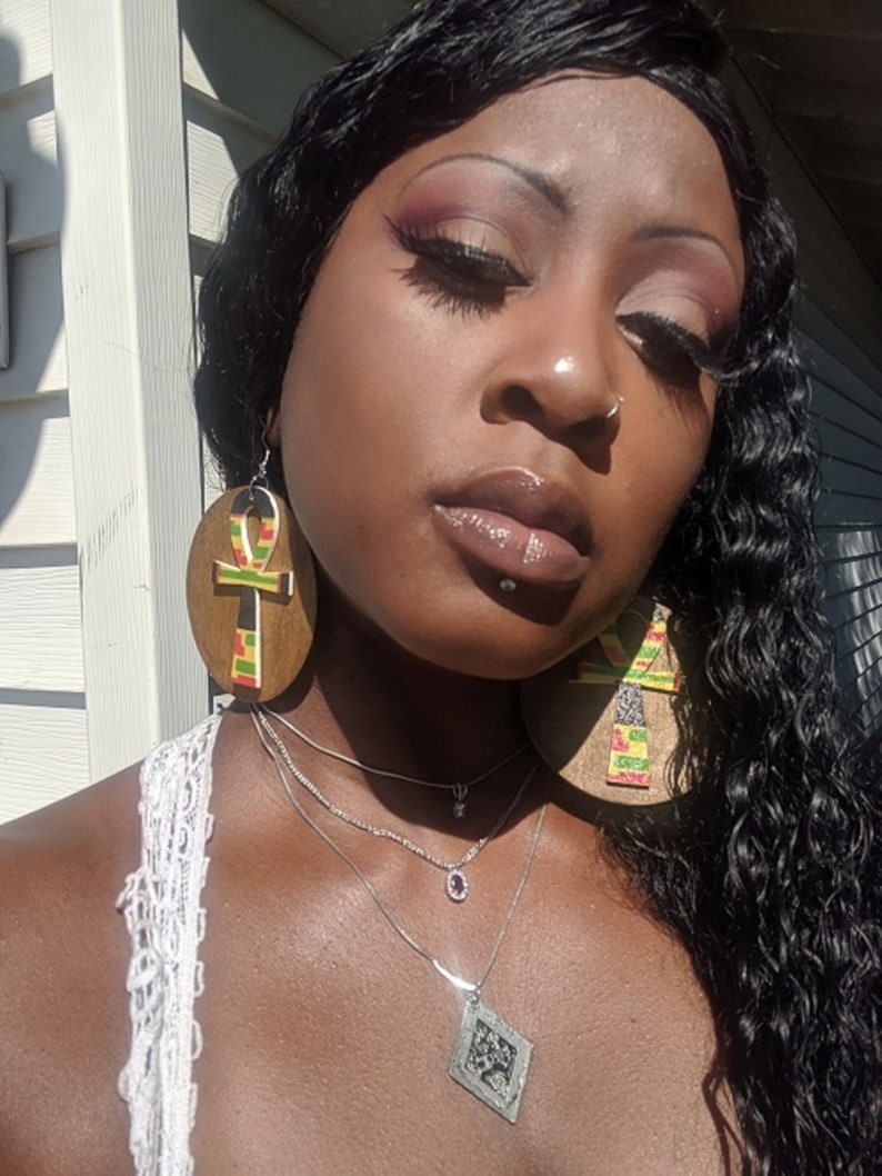 Wood Egyptian Ankh Earrings Brown Red Green Black African Colors