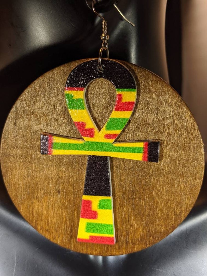 Wood Egyptian Ankh Earrings Brown Red Green Black African Colors