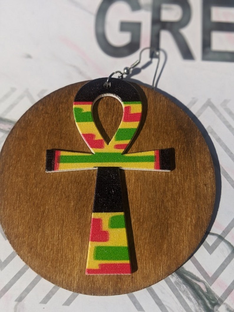 Wood Egyptian Ankh Earrings Brown Red Green Black African Colors