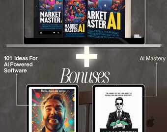 Puede incluir: Un paquete de marketing digital con un portátil, una tableta y un smartphone que muestran portadas de libros con el título "Market Master AI". Las bonificaciones adicionales incluyen "AI Brain Storm" y "AI Mastery" en tabletas. El tema es el software impulsado por IA.