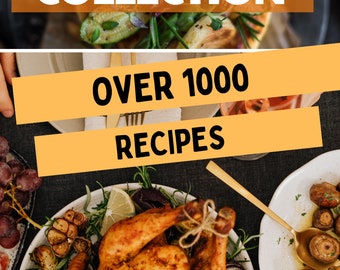 May include: A close-up of a roasted chicken with vegetables on a white plate. The chicken is golden brown and has a crispy skin. The vegetables are carrots, onions, and potatoes. The plate is on a black surface. The text "OVER 1000 RECIPES" is in yellow on a white background. The text "DOWNLOAD" is in green on a white background with a download arrow.