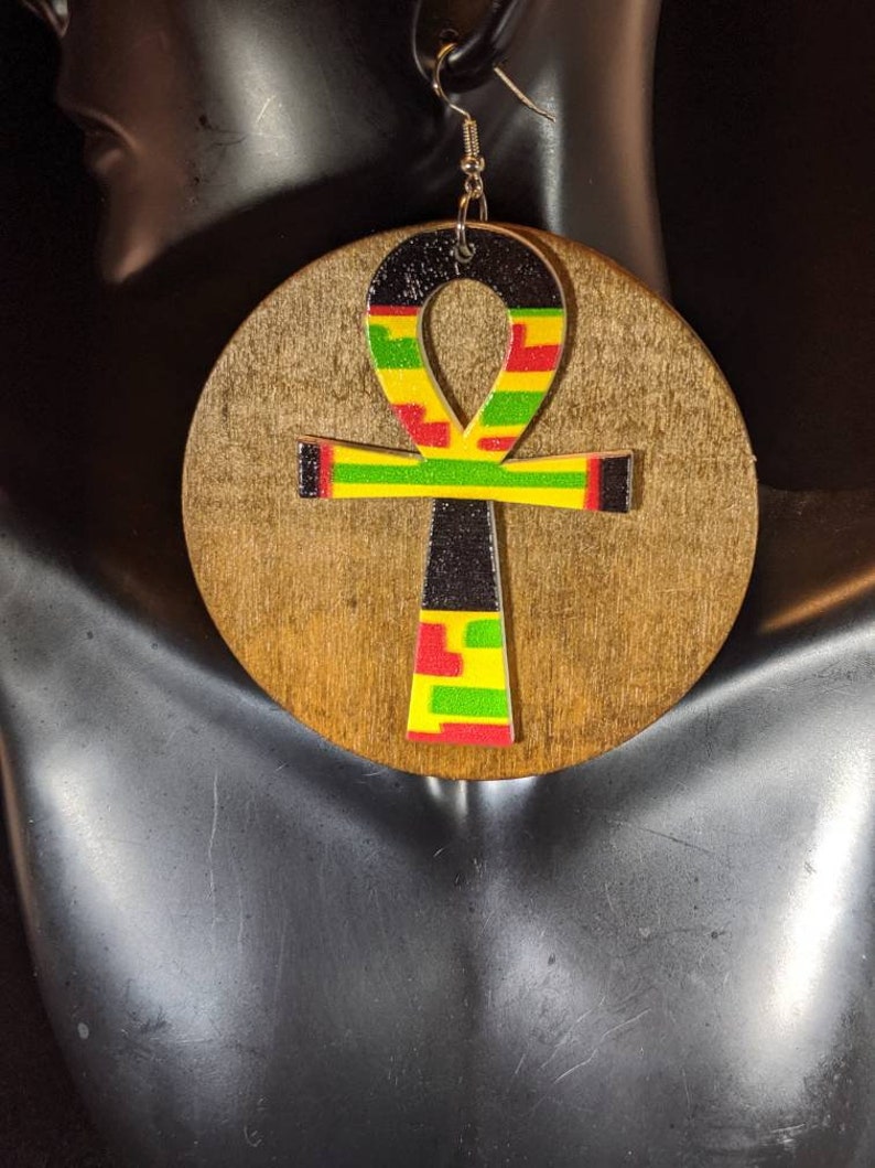 Wood Egyptian Ankh Earrings Brown Red Green Black African Colors